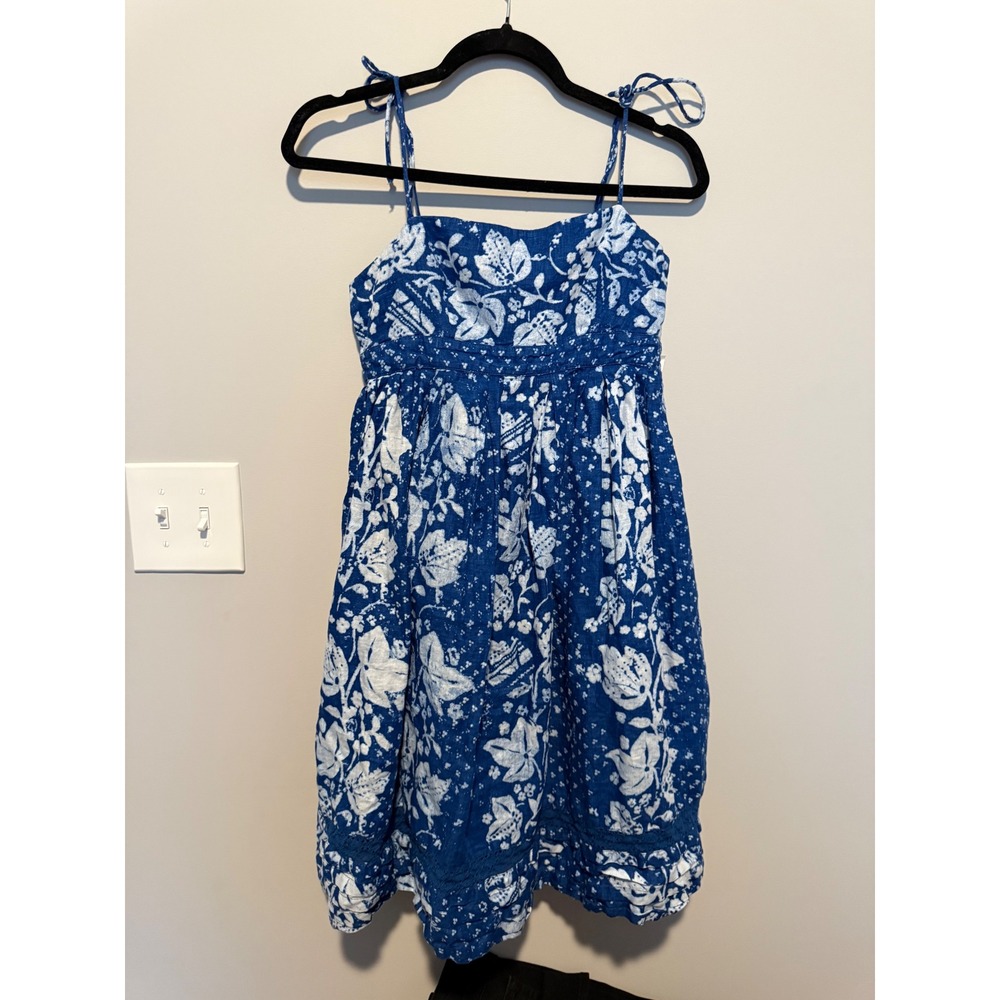 Gap Blue White Floral Tie Shoulder Mini Dress Lace Trim Sun Dress Womens 4